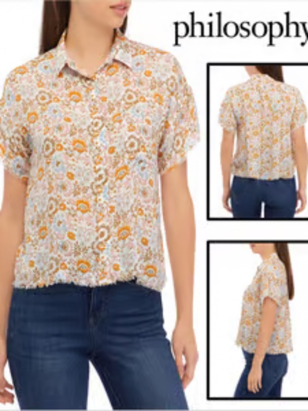PHILOSOPHY BY REPUBLIC Women's Short Sleeve Button Front Printed Blouse Size Med